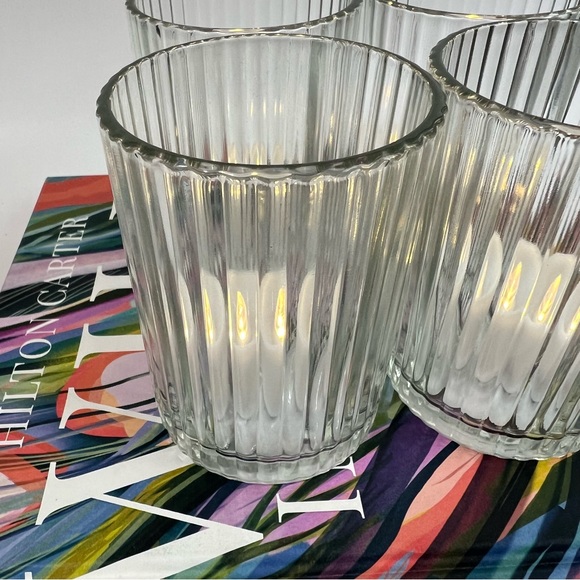 Ribbed Glass Candle Holder Set of 4 Clear Chic Holiday Home Decor - Picture 4 of 16